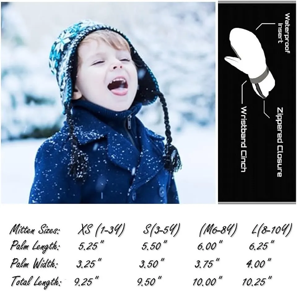 HIGHCAMP Kids Long Cuff Winter Snow Ski Mitten with Zipper Waterproof Gloves for Toddler Boys Girls