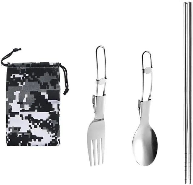Hiking Portable Stainless Steel Folding Utensil Suit With 4 Pieces Of Cloth Bag(A4PCS-23CM)