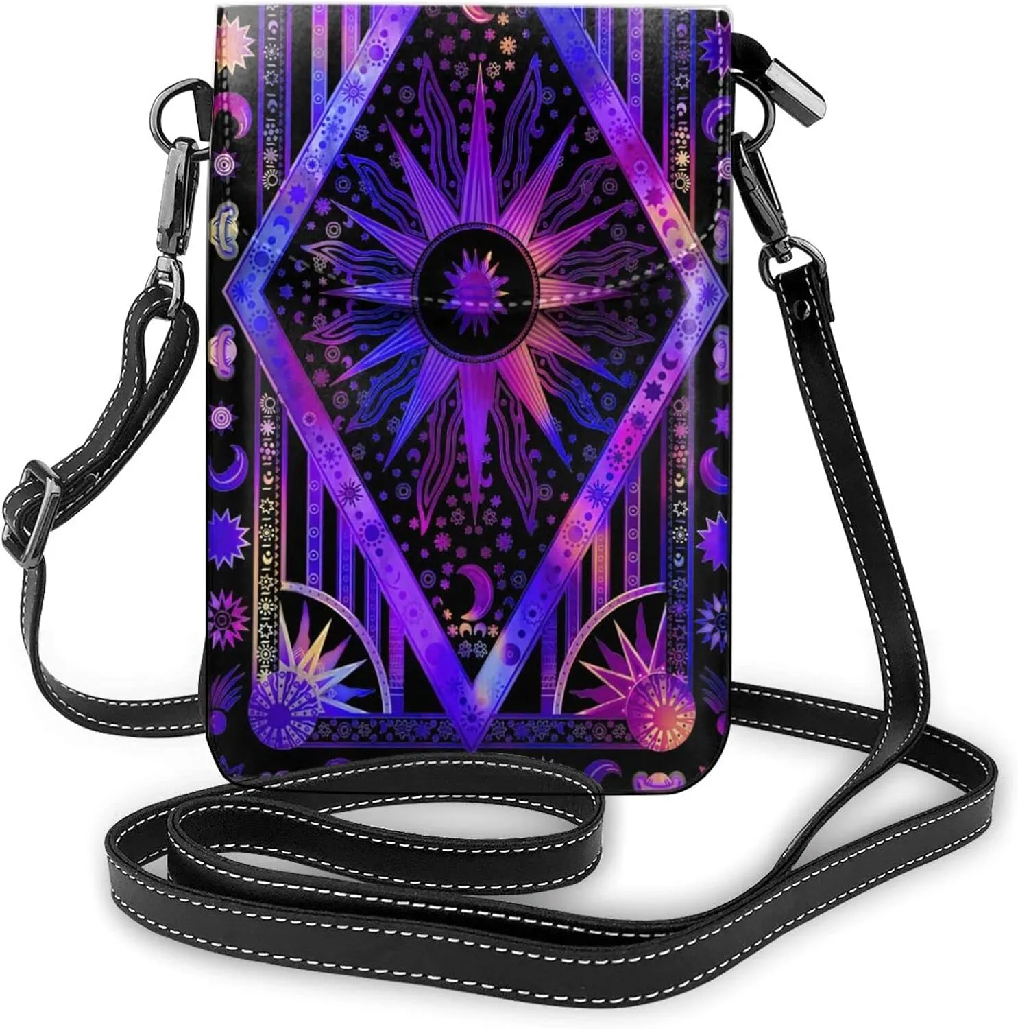 Hippy Hippie Psychedelic celestial body Sun Moon planet Bohemian purple Crossbody Purse Women bag wallet, Black 85