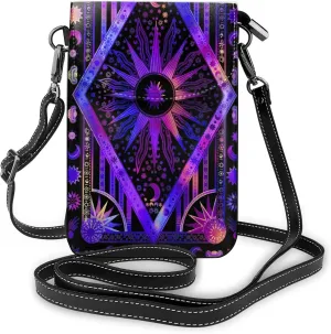 Hippy Hippie Psychedelic celestial body Sun Moon planet Bohemian purple Crossbody Purse Women bag wallet, Black 85
