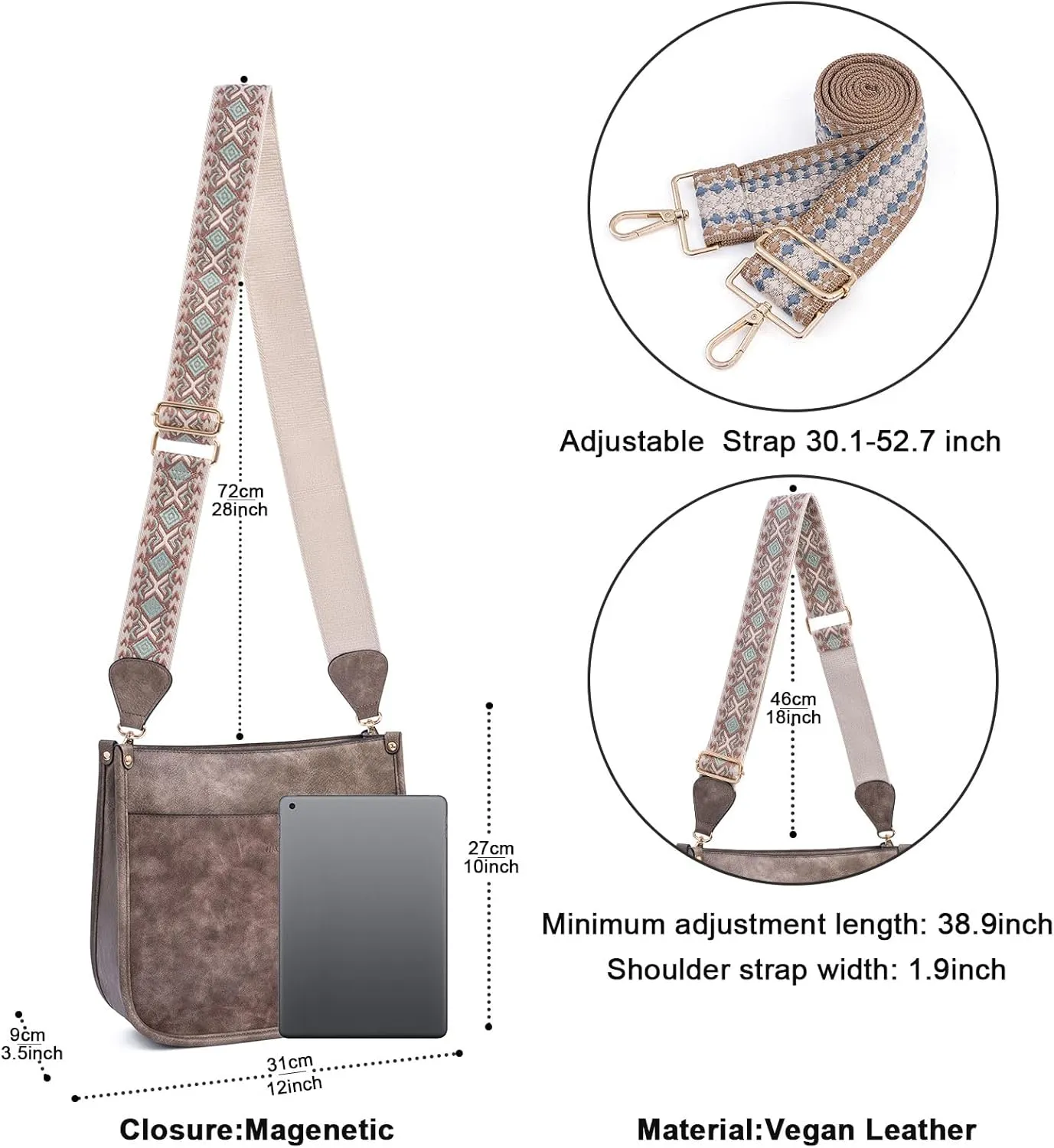 HKCLUF Vegan Leather Crossbody Bags Purse for Women Trendy Tassel Hobo Handbag Women With 2PCS Adjustable Guitar Strap
