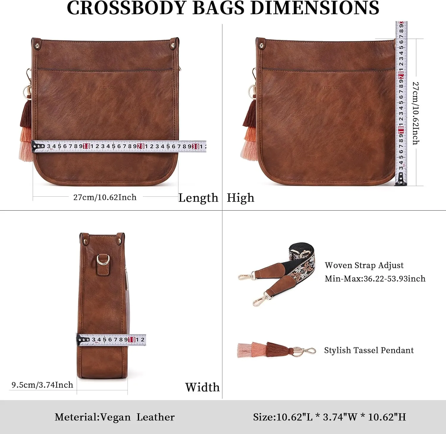 HKCLUF Vegan Leather Crossbody Bags Purse for Women Trendy Tassel Hobo Handbag Women With 2PCS Adjustable Guitar Strap