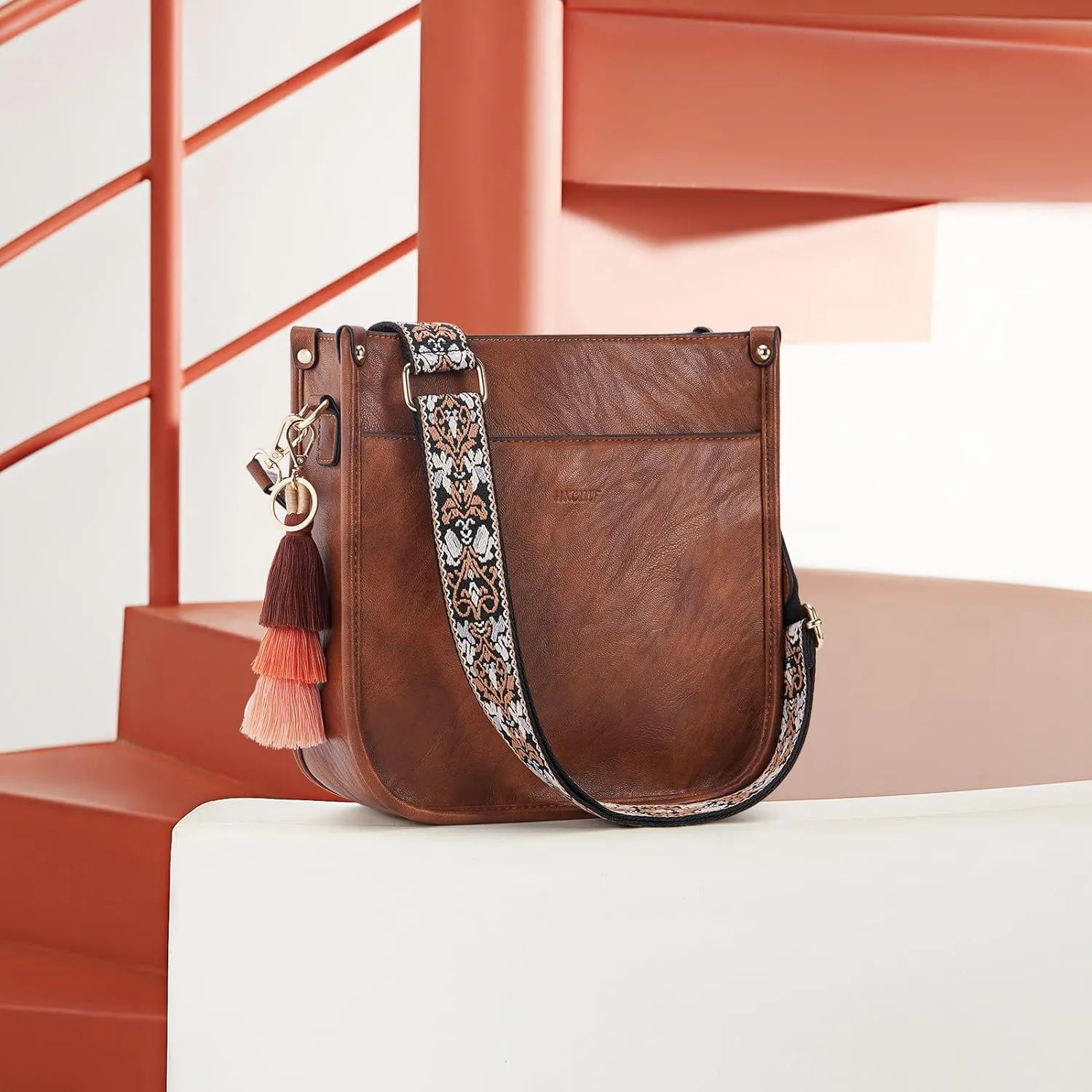 HKCLUF Vegan Leather Crossbody Bags Purse for Women Trendy Tassel Hobo Handbag Women With 2PCS Adjustable Guitar Strap