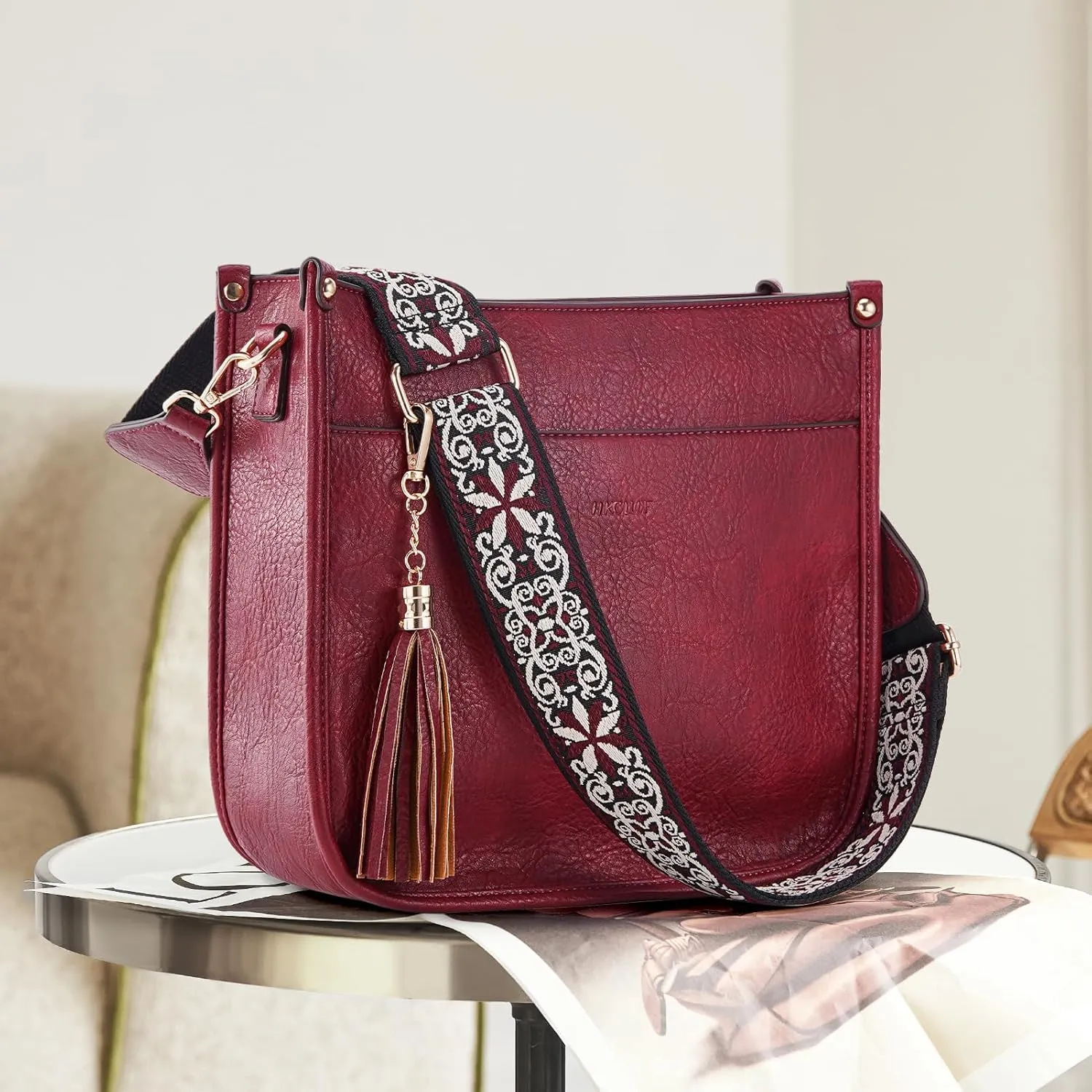 HKCLUF Vegan Leather Crossbody Bags Purse for Women Trendy Tassel Hobo Handbag Women With 2PCS Adjustable Guitar Strap