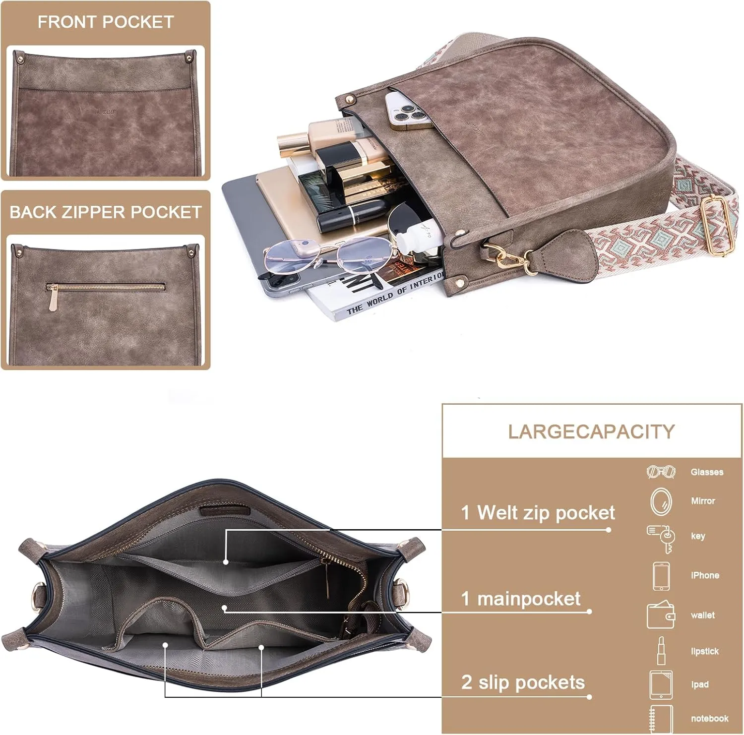 HKCLUF Vegan Leather Crossbody Bags Purse for Women Trendy Tassel Hobo Handbag Women With 2PCS Adjustable Guitar Strap