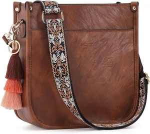 HKCLUF Vegan Leather Crossbody Bags Purse for Women Trendy Tassel Hobo Handbag Women With 2PCS Adjustable Guitar Strap