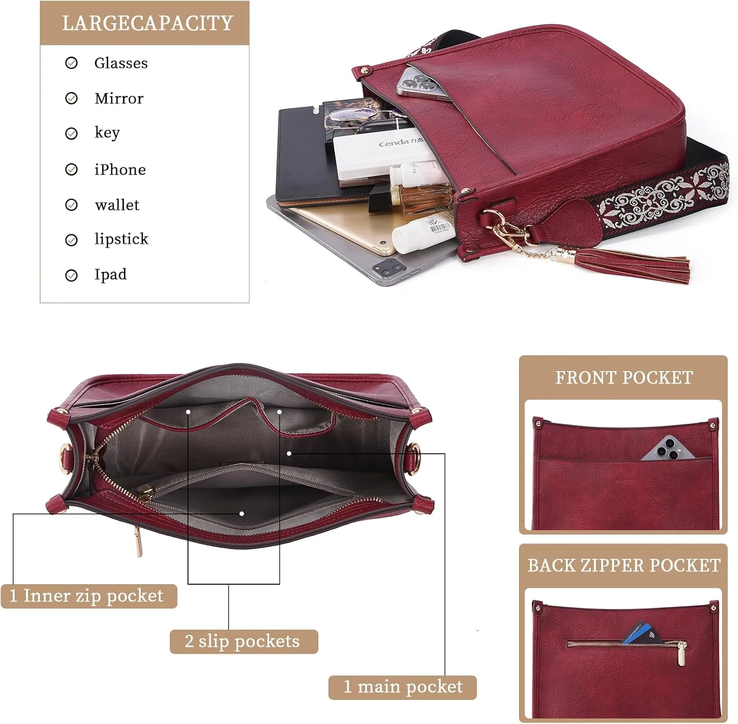 HKCLUF Vegan Leather Crossbody Bags Purse for Women Trendy Tassel Hobo Handbag Women With 2PCS Adjustable Guitar Strap