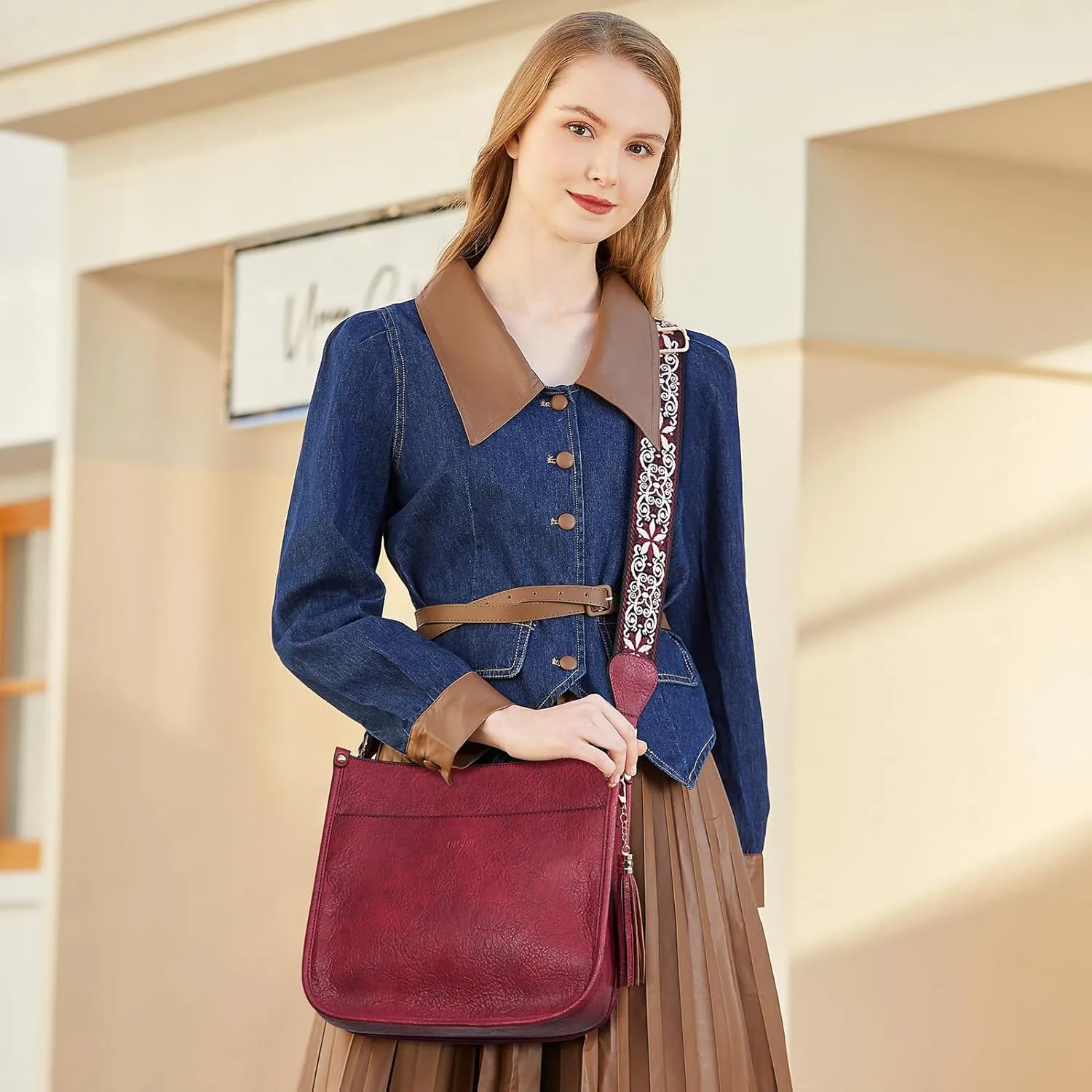 HKCLUF Vegan Leather Crossbody Bags Purse for Women Trendy Tassel Hobo Handbag Women With 2PCS Adjustable Guitar Strap
