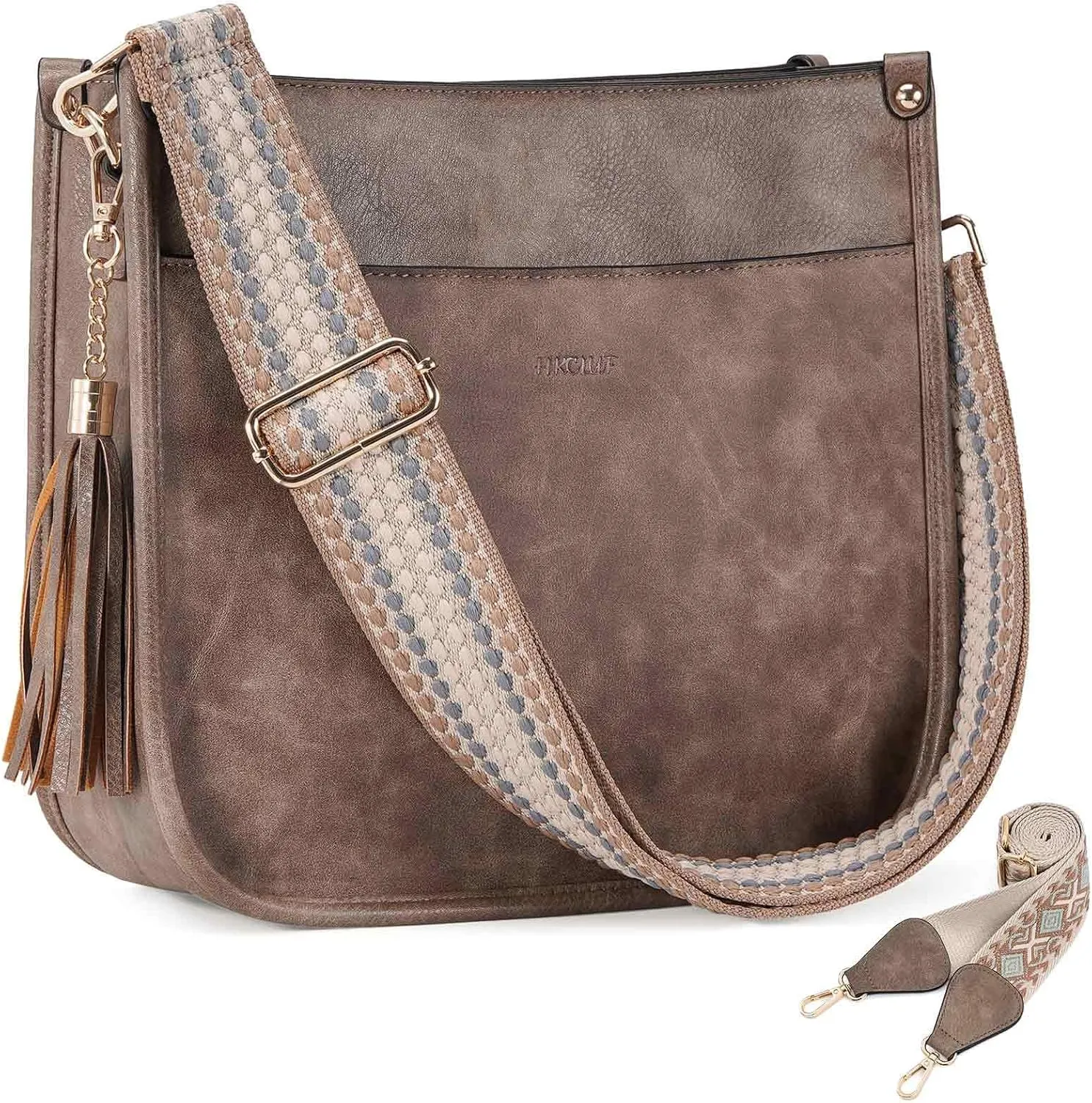 HKCLUF Vegan Leather Crossbody Bags Purse for Women Trendy Tassel Hobo Handbag Women With 2PCS Adjustable Guitar Strap