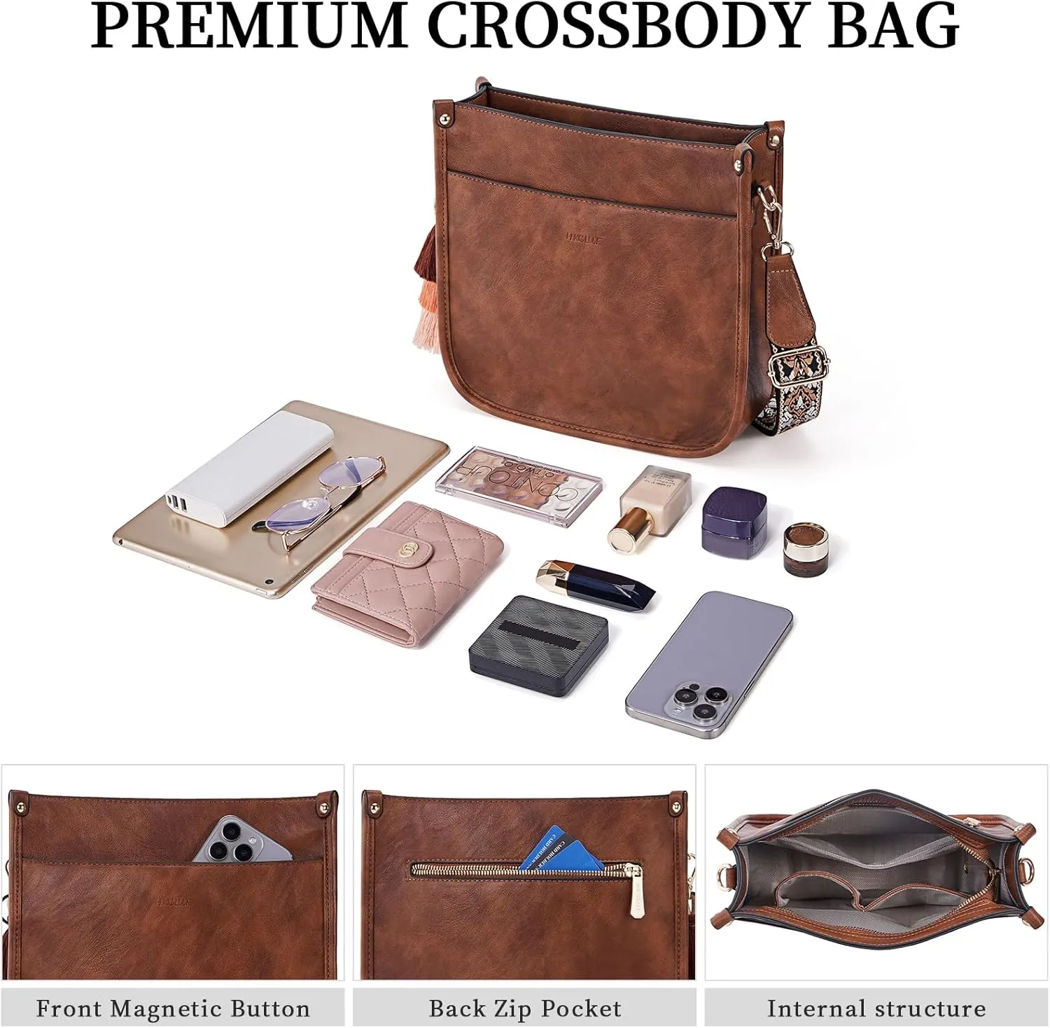 HKCLUF Vegan Leather Crossbody Bags Purse for Women Trendy Tassel Hobo Handbag Women With 2PCS Adjustable Guitar Strap