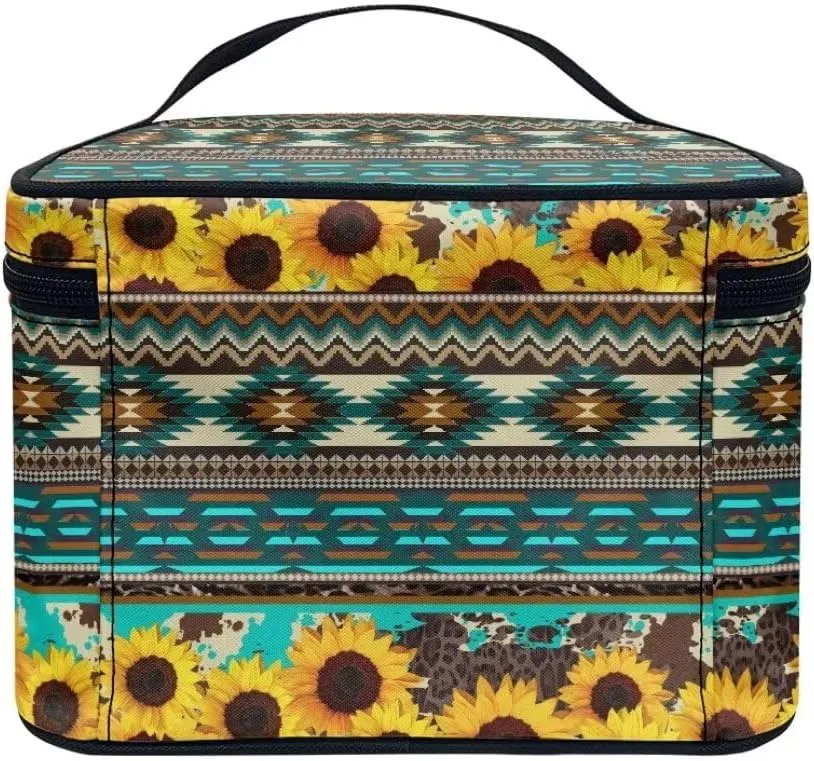 Horeset Aztec Style Sunflower Makeup Bag Cosmetic Pouch Portable Makeup Handbag Zipper Coin Purse Toiletry Bag with 5 Brush Slots