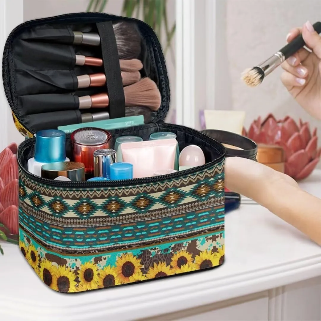 Horeset Aztec Style Sunflower Makeup Bag Cosmetic Pouch Portable Makeup Handbag Zipper Coin Purse Toiletry Bag with 5 Brush Slots