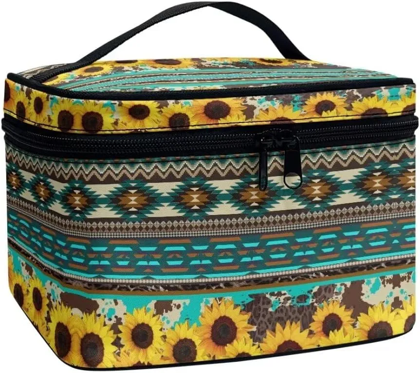 Horeset Aztec Style Sunflower Makeup Bag Cosmetic Pouch Portable Makeup Handbag Zipper Coin Purse Toiletry Bag with 5 Brush Slots