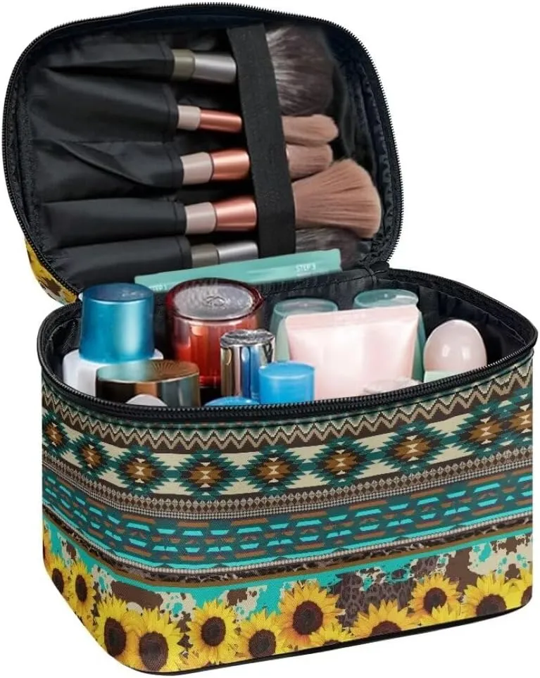 Horeset Aztec Style Sunflower Makeup Bag Cosmetic Pouch Portable Makeup Handbag Zipper Coin Purse Toiletry Bag with 5 Brush Slots