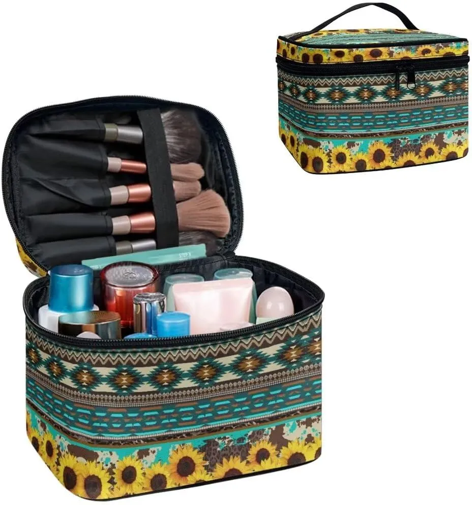 Horeset Aztec Style Sunflower Makeup Bag Cosmetic Pouch Portable Makeup Handbag Zipper Coin Purse Toiletry Bag with 5 Brush Slots