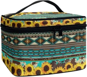 Horeset Aztec Style Sunflower Makeup Bag Cosmetic Pouch Portable Makeup Handbag Zipper Coin Purse Toiletry Bag with 5 Brush Slots