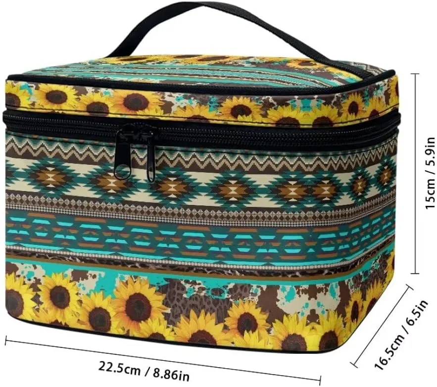 Horeset Aztec Style Sunflower Makeup Bag Cosmetic Pouch Portable Makeup Handbag Zipper Coin Purse Toiletry Bag with 5 Brush Slots