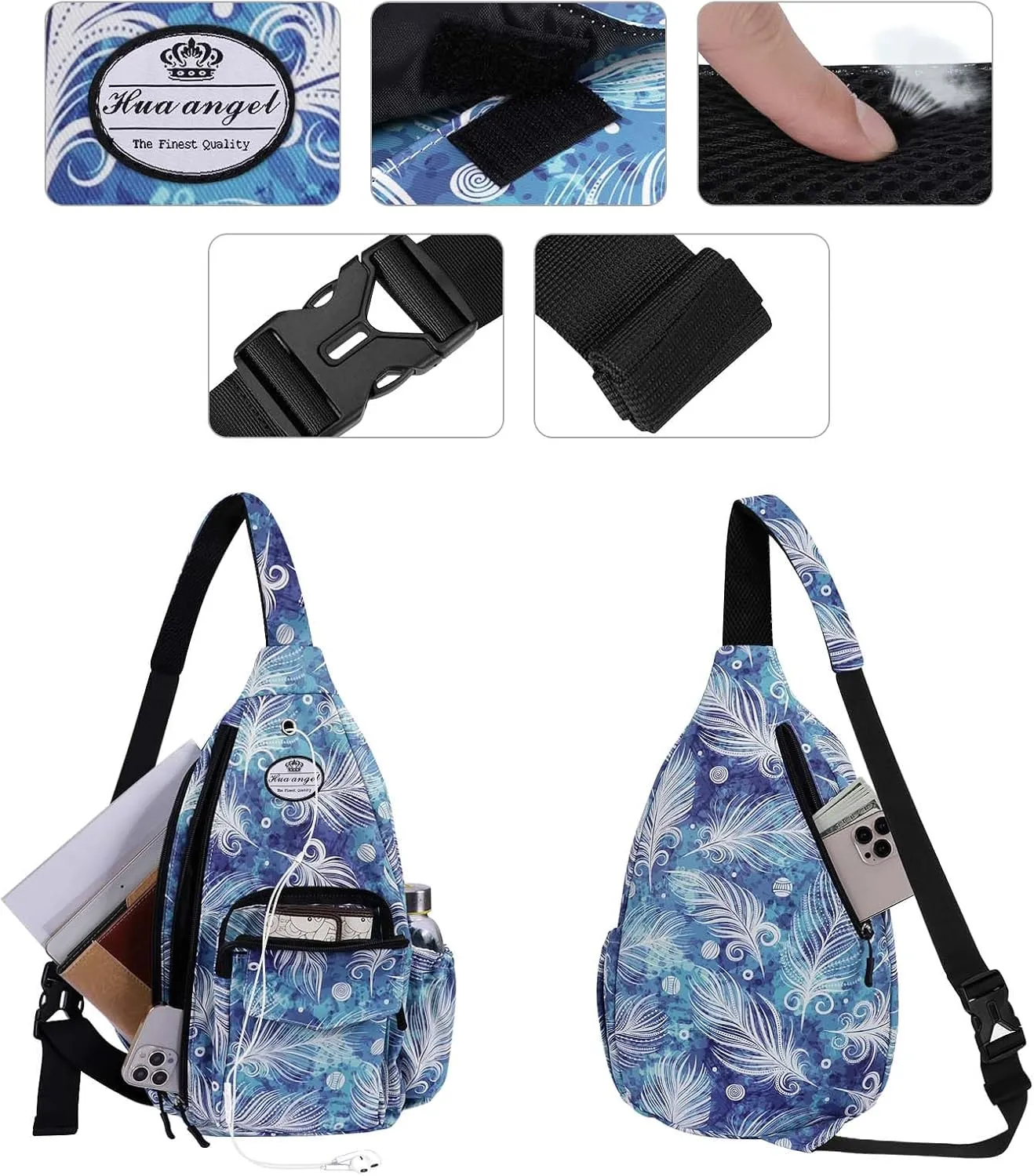 HUA ANGEL Crossbody Sling Bag for Men Women Lightweight Over the Shoulder Purse Day Bag Multipockets for Travel, Hiking, Gym