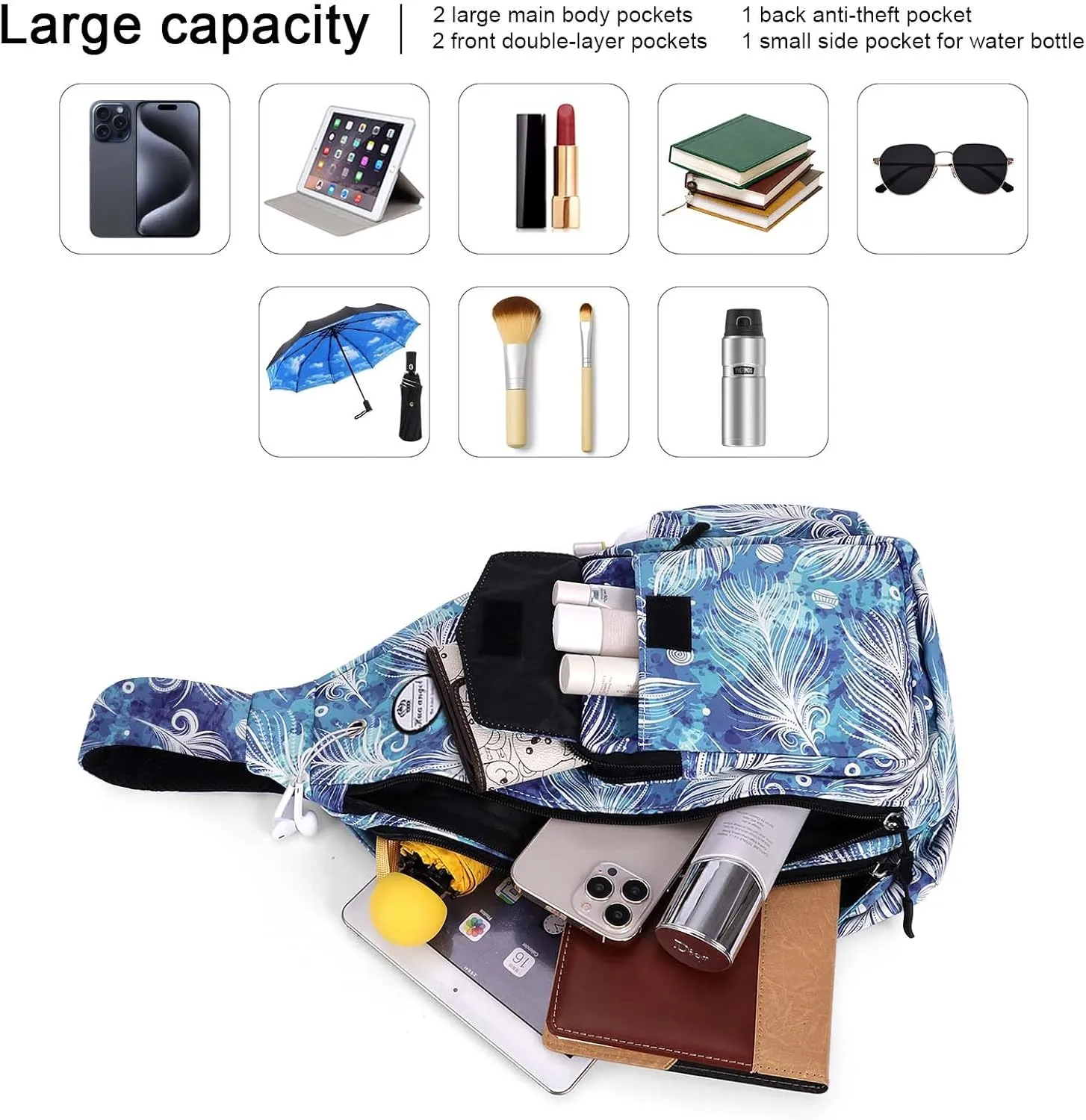 HUA ANGEL Crossbody Sling Bag for Men Women Lightweight Over the Shoulder Purse Day Bag Multipockets for Travel, Hiking, Gym