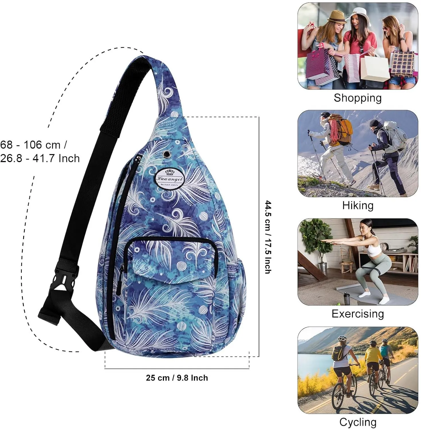 HUA ANGEL Crossbody Sling Bag for Men Women Lightweight Over the Shoulder Purse Day Bag Multipockets for Travel, Hiking, Gym