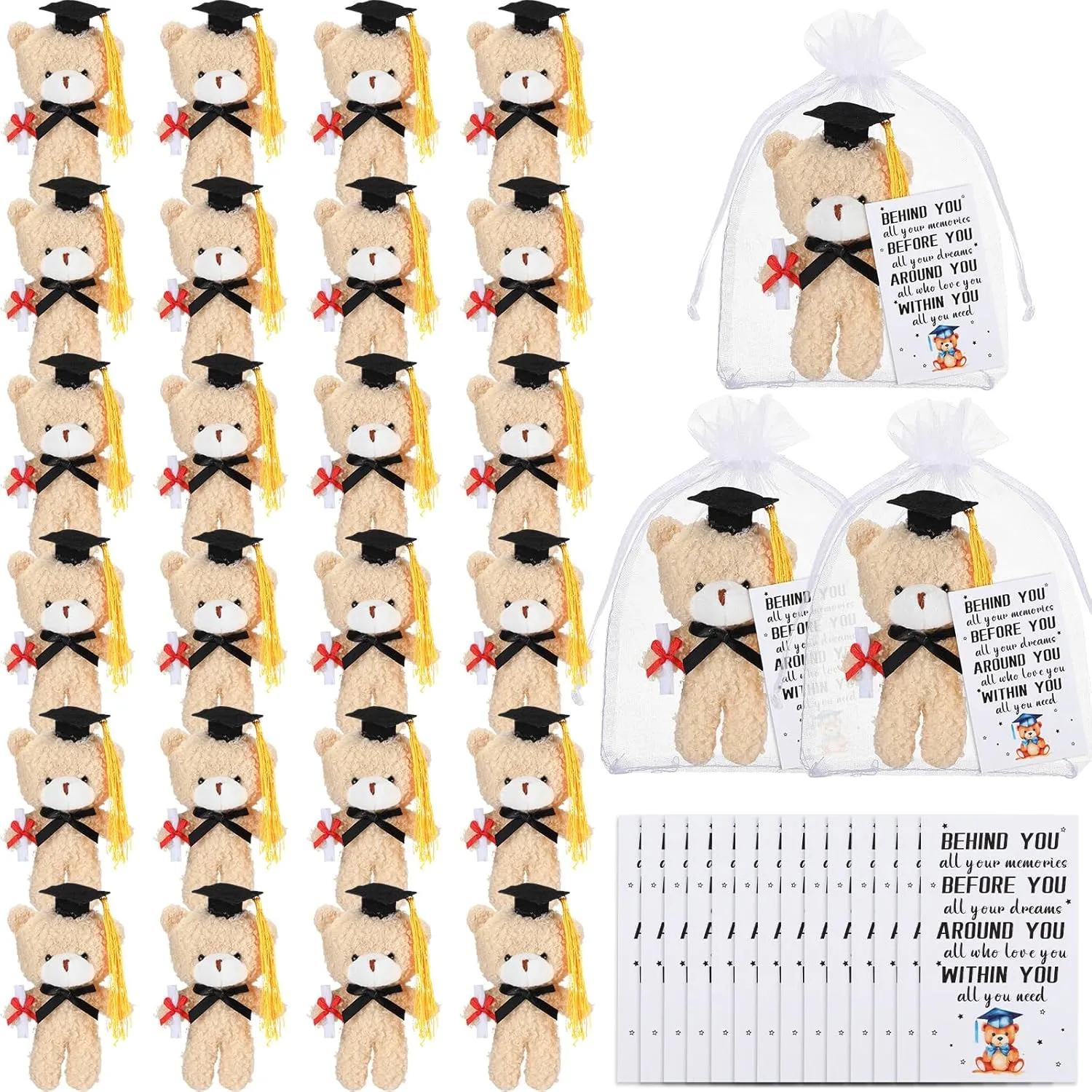 HyDren 24 Sets Mini Graduation Bears Class of 2025 Gifts 5.5 Inch Small Plush Stuffed Bear Doll with Cap Card Organza Bags for College High School Graduation Party Favors End of Year Gifts