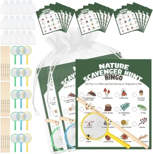 HyDren 45 Pcs 15 Set Nature Scavenger Hunt Game Kits, 15 Hunting Cards, 15 Magnifying Glass, 15 Pencils, 15 Organza Bags Family Camping Games Play for Nature Exploration Outdoor Activities Party Favor