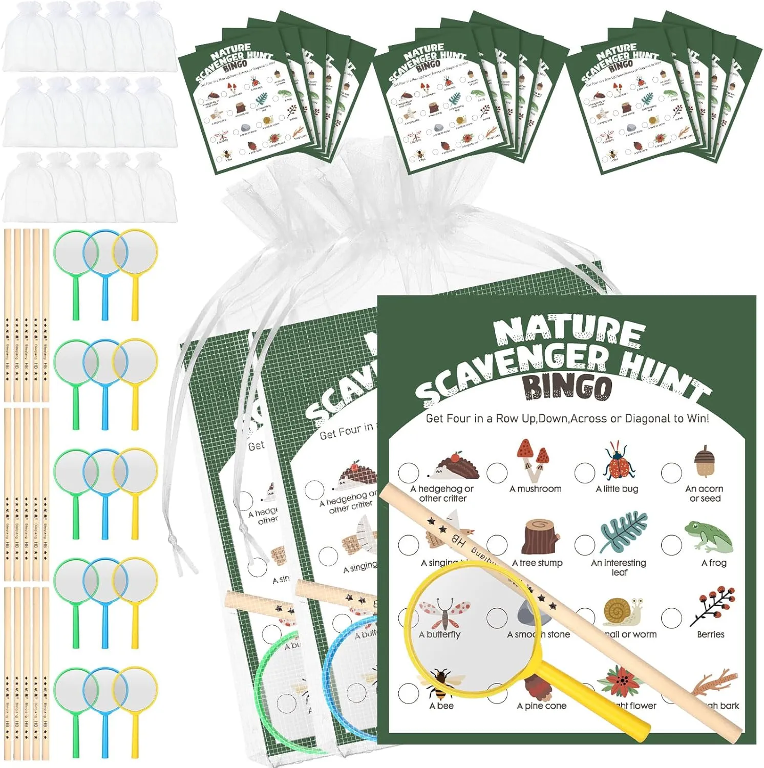 HyDren 45 Pcs 15 Set Nature Scavenger Hunt Game Kits, 15 Hunting Cards, 15 Magnifying Glass, 15 Pencils, 15 Organza Bags Family Camping Games Play for Nature Exploration Outdoor Activities Party Favor
