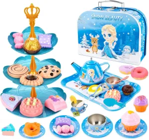 ilauke 59 Pcs Tea Party Set, Frozen Princess Theme, Magical Pretend Play Toys with Teapot Tray & Desserts, Portable Carrying Case, Birthday Gift for Girls Age 3-9