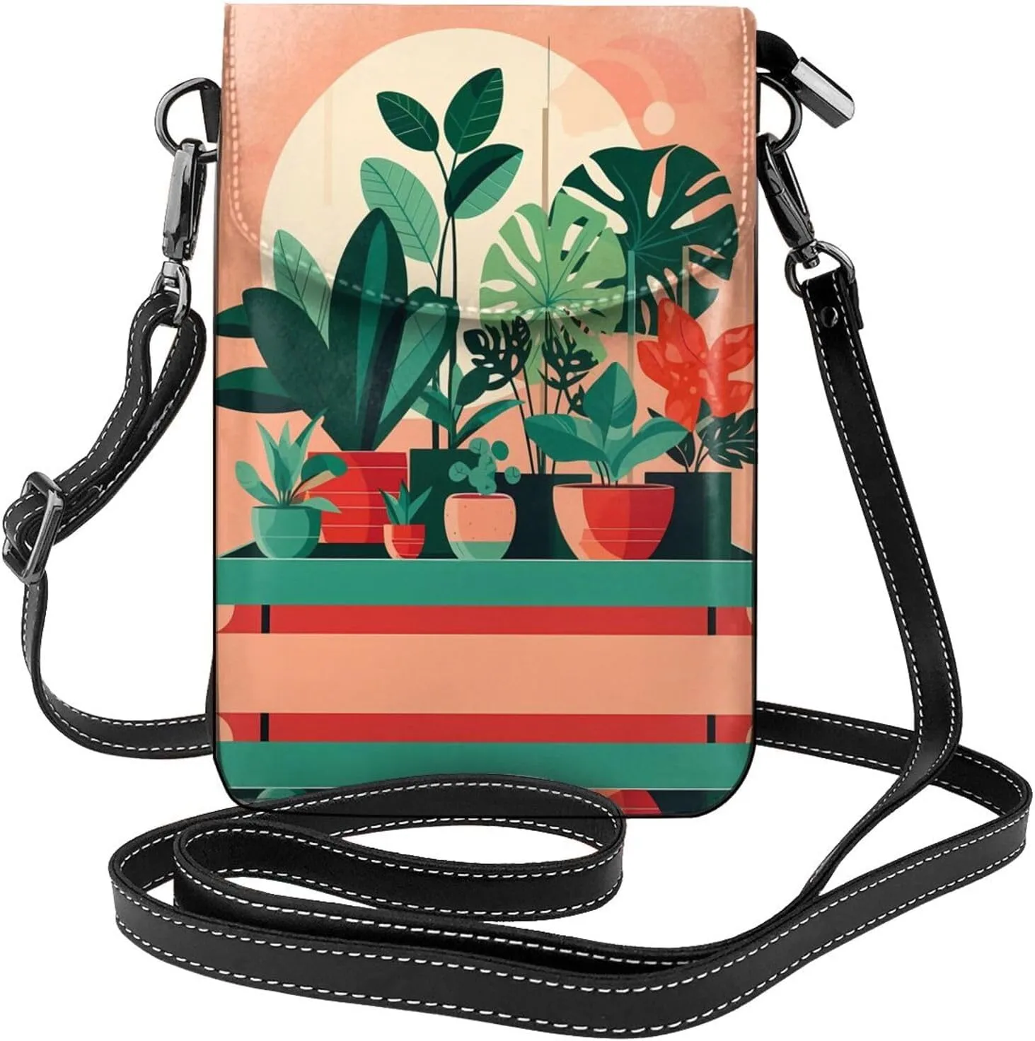Indoor potted green plants Women's crossbody bag, crossbody phone bag, tassel wallet with shoulder strap, best gift for women.