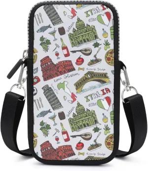 Italy Landmark Pisa Tower and Food Crossbody Cell Phone Purse Crossbody Mini Bag Fashion Phone Pouch Wallet with Detachable Strap, style, dfbhjf546