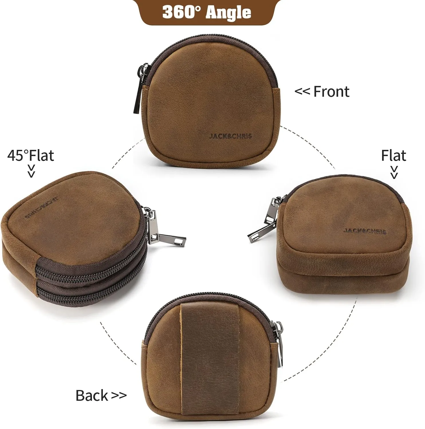 Jack&Chris Coin Purse for Men, Genuine Leather Mini Coin Wallet Zipper Pocket with Back Belt Loop, Coin Bag for Men