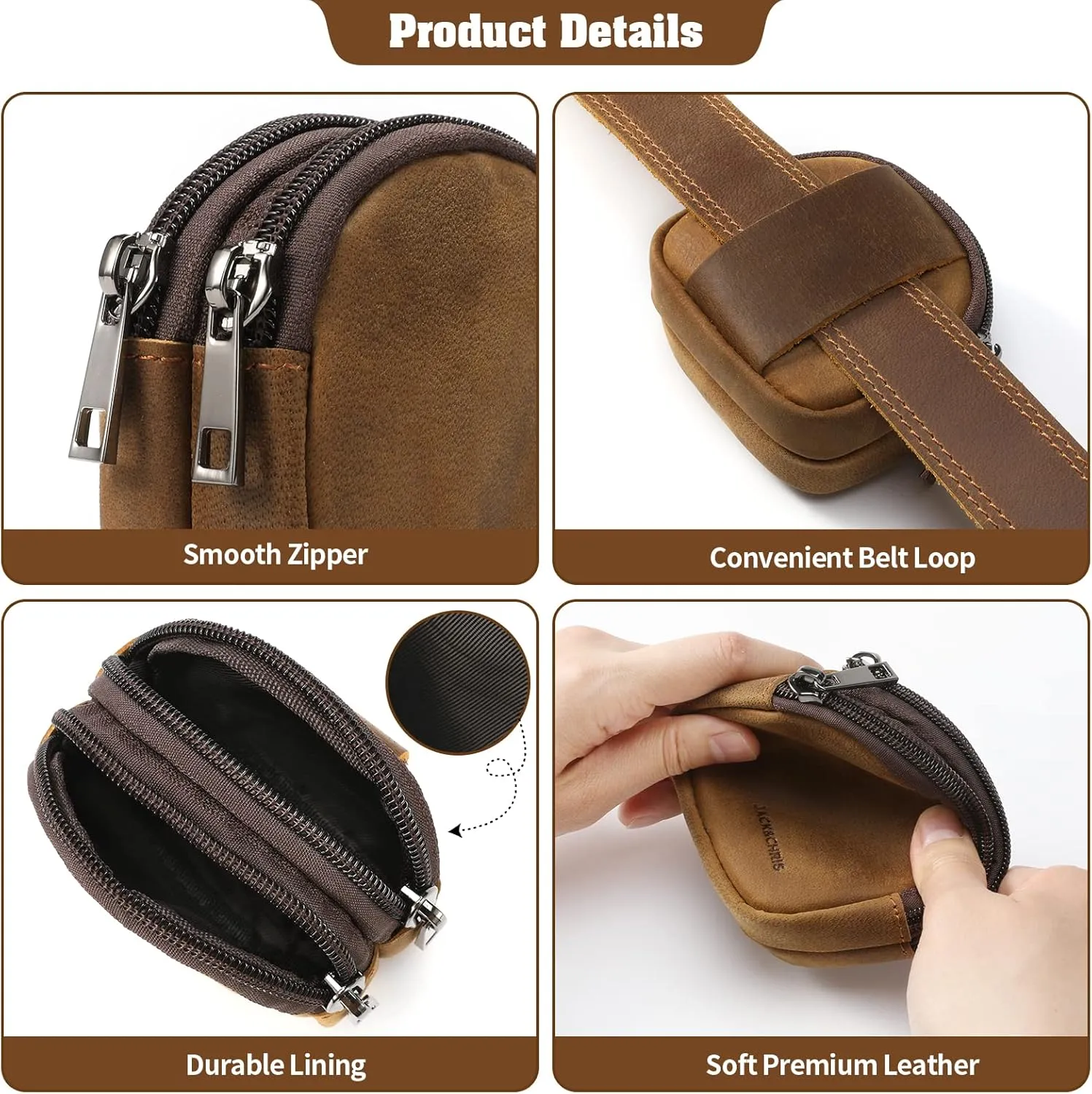 Jack&Chris Coin Purse for Men, Genuine Leather Mini Coin Wallet Zipper Pocket with Back Belt Loop, Coin Bag for Men