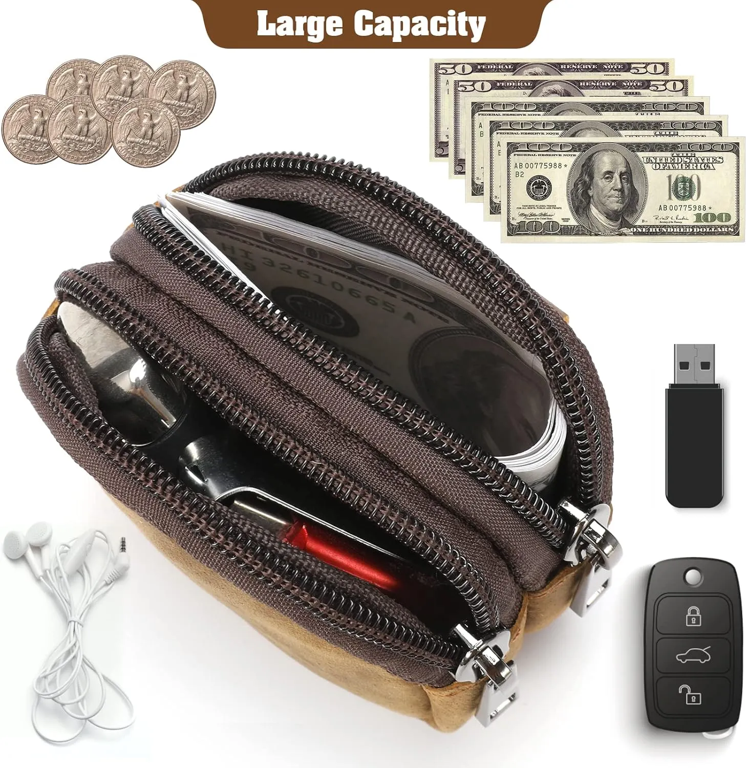 Jack&Chris Coin Purse for Men, Genuine Leather Mini Coin Wallet Zipper Pocket with Back Belt Loop, Coin Bag for Men