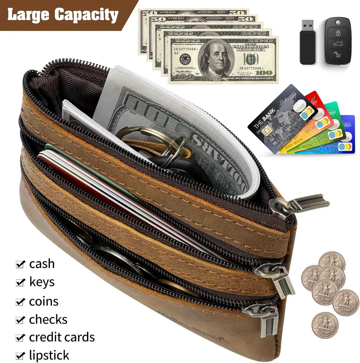 Jack&Chris Coin Purse Pouch for Men, Genuine Leather Coin Purse Zipper Pocket with Keychain Ring, Coin Bag for Men,JC301-Red