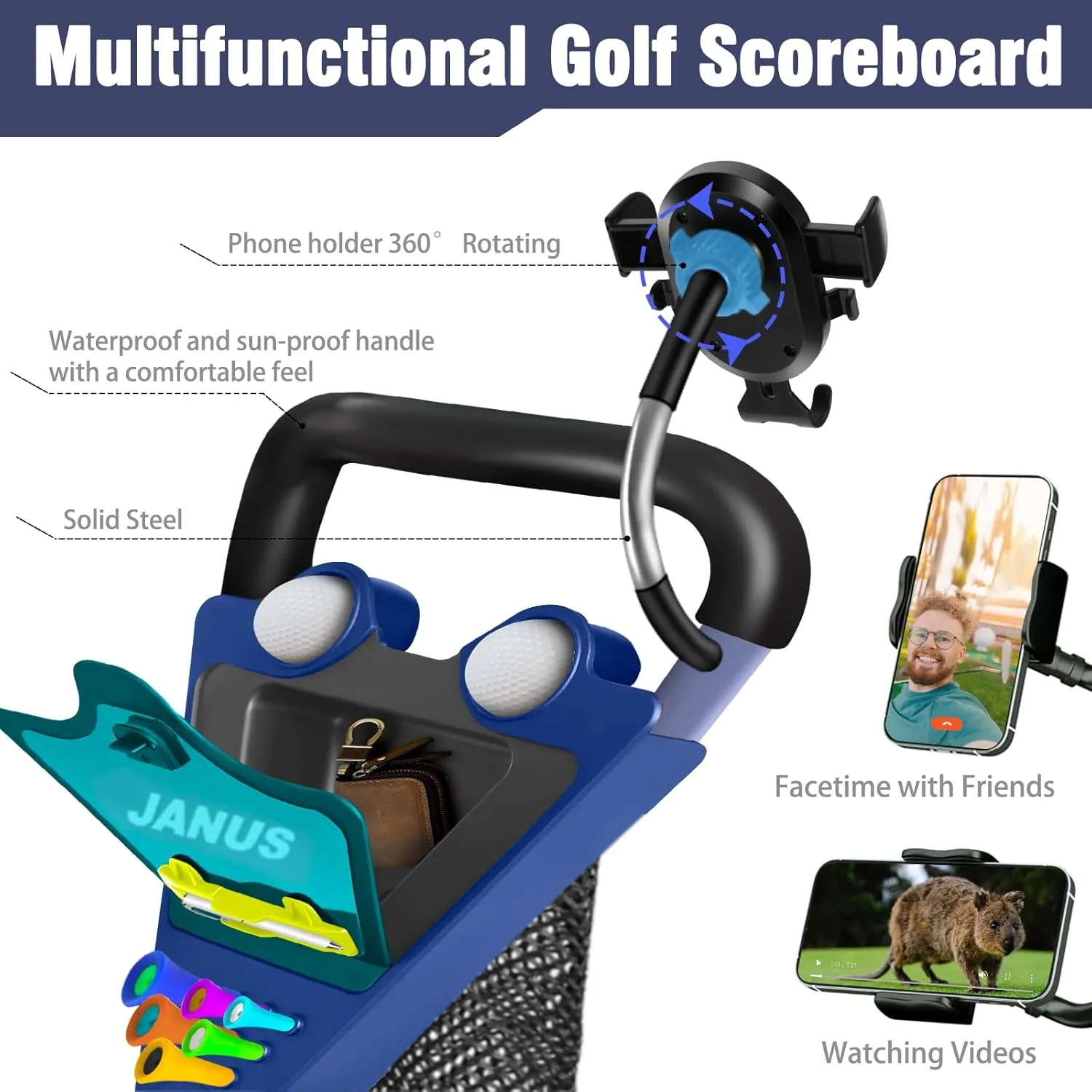 JANUS Golf Cart, Golf Bag cart, Foldable Golf Push cart,Golf Pull cart,3 Wheel Golf Push carts，with Gooseneck Phone Holder