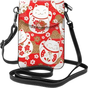 Japanese Cute Lucky Cats Women Cell Phone Purse Small Crossbody Bag Leather Shoulder Bag Card Holder Wallet