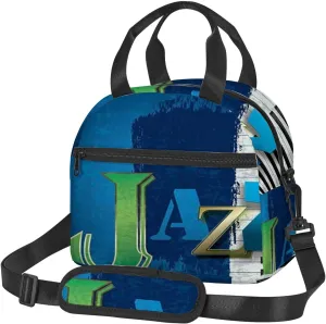 Jazz,Insulated Reusable Lunch Bag with Adjustable Shoulder Strap for Adults,Jazz Music with Piano Keys Music,Leakproof Office Picnic Hiking Beach Tote Bag,Blue,9x5x7.8in
