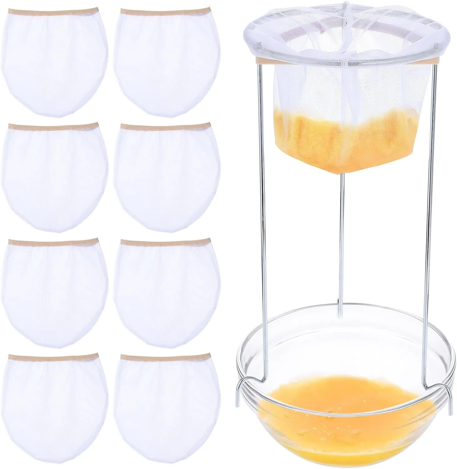 Jelly Strainer Stand with 8 Pcs Reusable Staining Bags, Stainless Steel Strainer Stand with Replacement Strainer Bags for Straining Juice Yogurt Cheese Broth Nut Milk