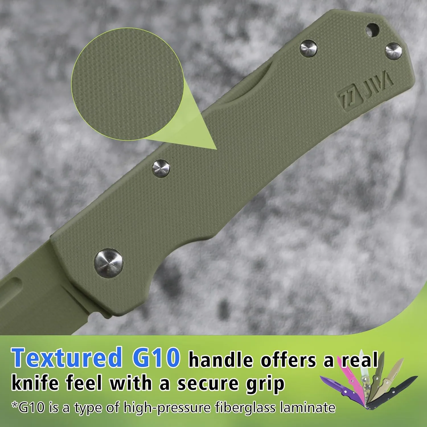 JIN Alpha G10 Kids Friendly Knife, Fake Toy Knives, DIY Kit, Dull Blade, Safe for Child, Folding EDC, OD Green G10 Blade & Handle, Camping Tool