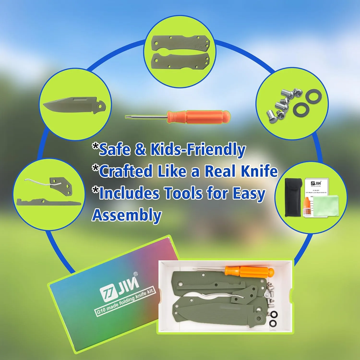 JIN Alpha G10 Kids Friendly Knife, Fake Toy Knives, DIY Kit, Dull Blade, Safe for Child, Folding EDC, OD Green G10 Blade & Handle, Camping Tool