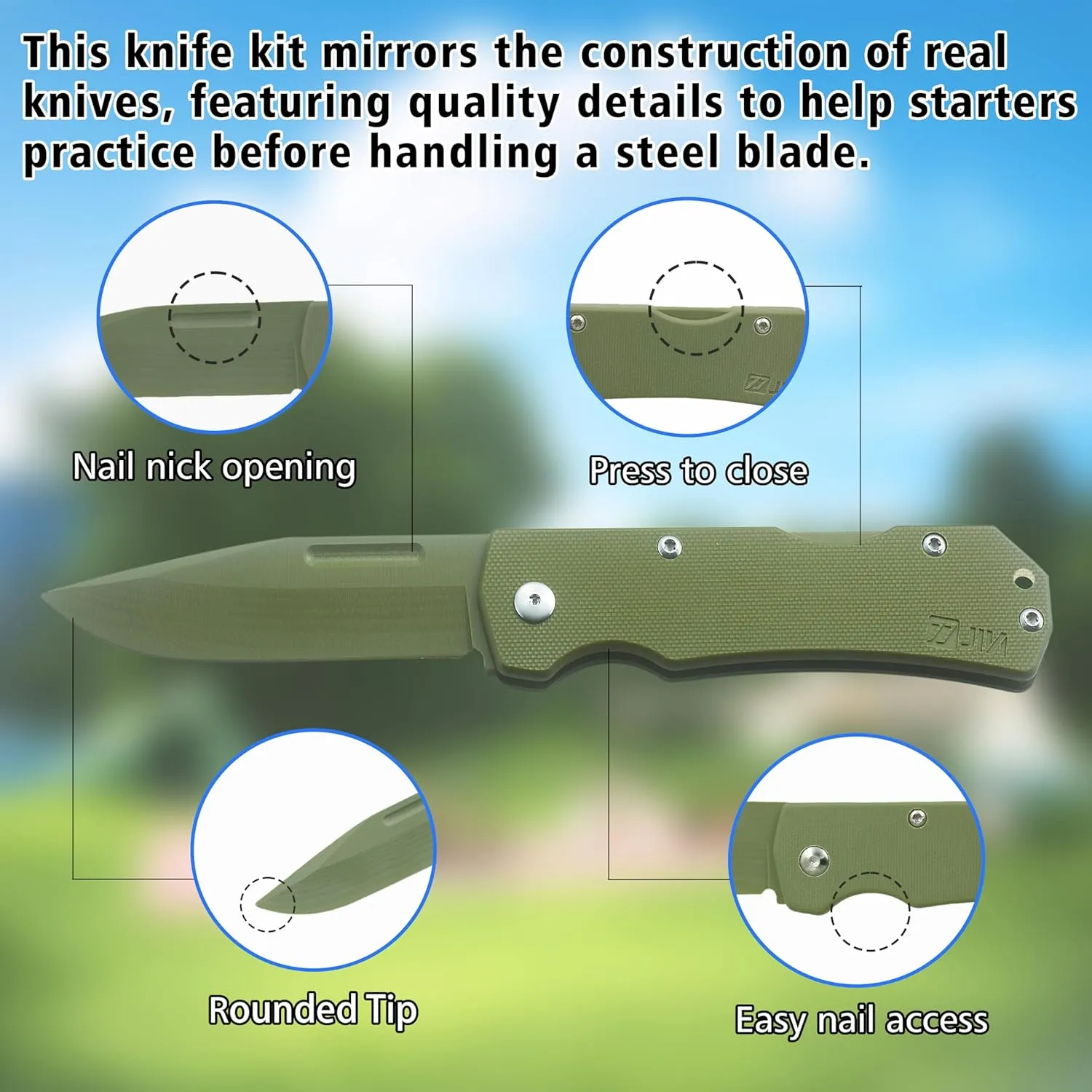 JIN Alpha G10 Kids Friendly Knife, Fake Toy Knives, DIY Kit, Dull Blade, Safe for Child, Folding EDC, OD Green G10 Blade & Handle, Camping Tool