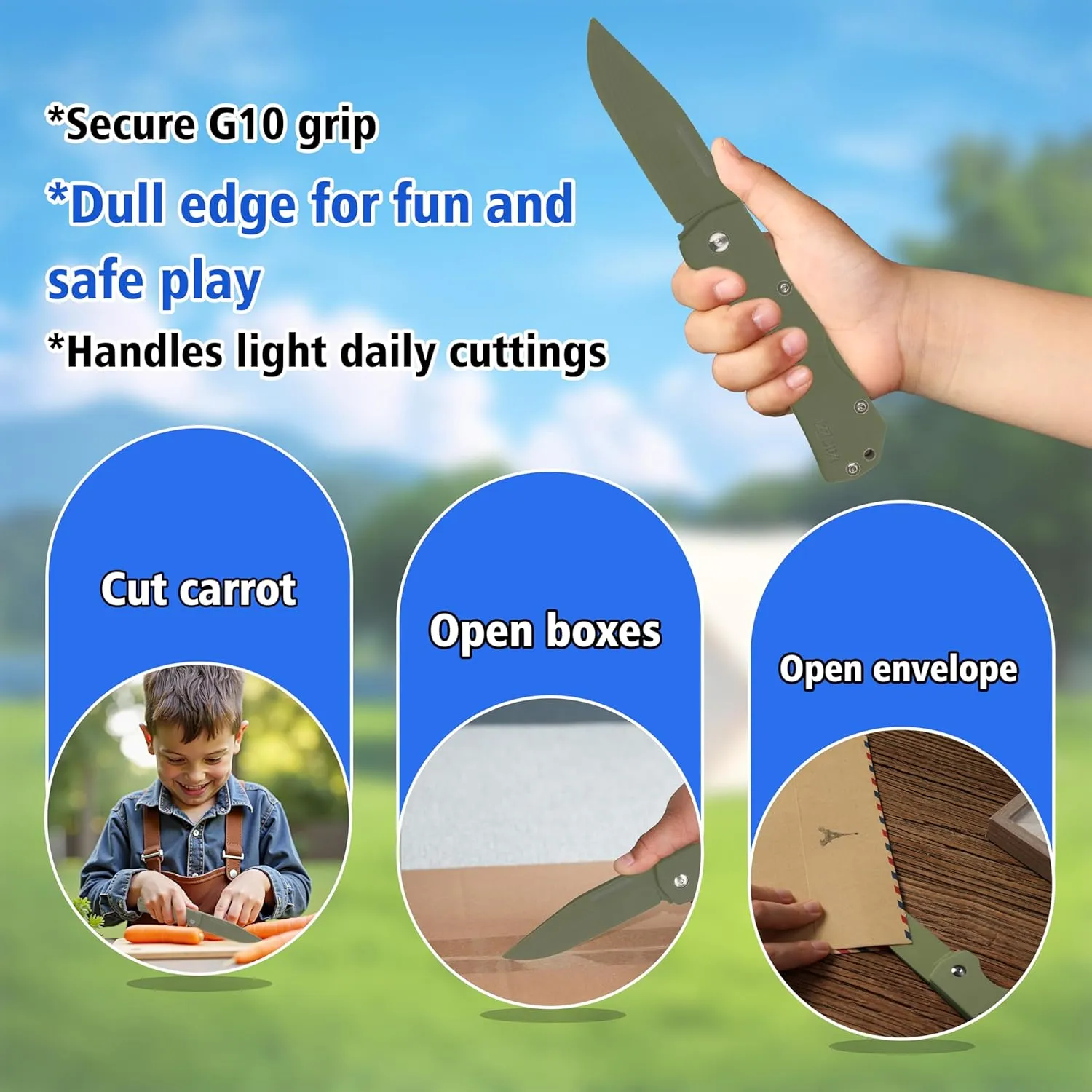 JIN Alpha G10 Kids Friendly Knife, Fake Toy Knives, DIY Kit, Dull Blade, Safe for Child, Folding EDC, OD Green G10 Blade & Handle, Camping Tool