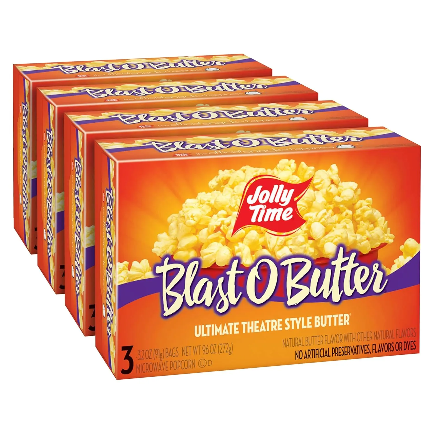 Jolly Time Blast O Butter, Ultimate Movie Theater Butter Microwave Popcorn, 3.2oz Sharing Bag, 3 Bags Per Carton (Blast O Butter, 3.2 Ounce (Pack of 12))