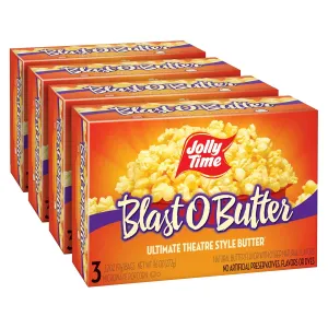 Jolly Time Blast O Butter, Ultimate Movie Theater Butter Microwave Popcorn, 3.2oz Sharing Bag, 3 Bags Per Carton (Blast O Butter, 3.2 Ounce (Pack of 12))
