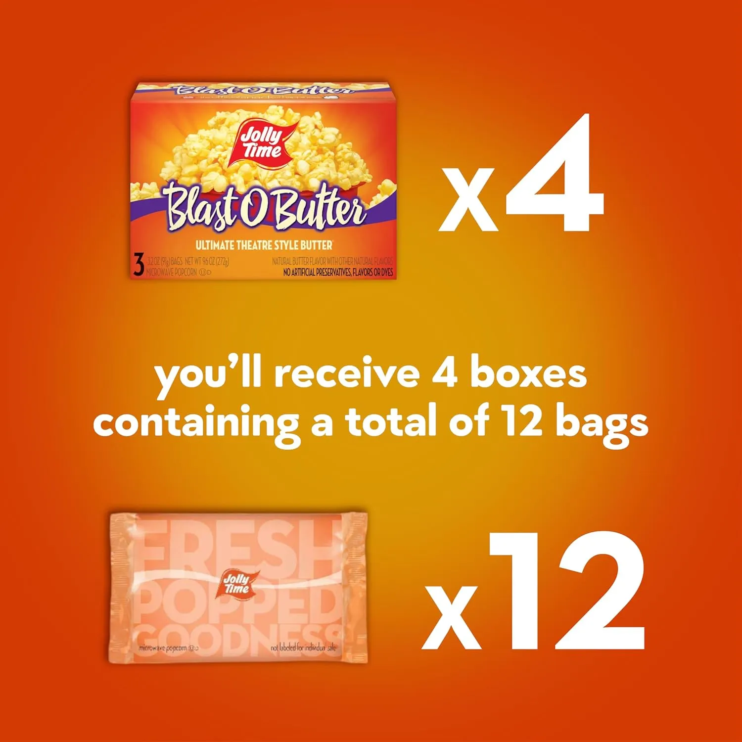 Jolly Time Blast O Butter, Ultimate Movie Theater Butter Microwave Popcorn, 3.2oz Sharing Bag, 3 Bags Per Carton (Blast O Butter, 3.2 Ounce (Pack of 12))