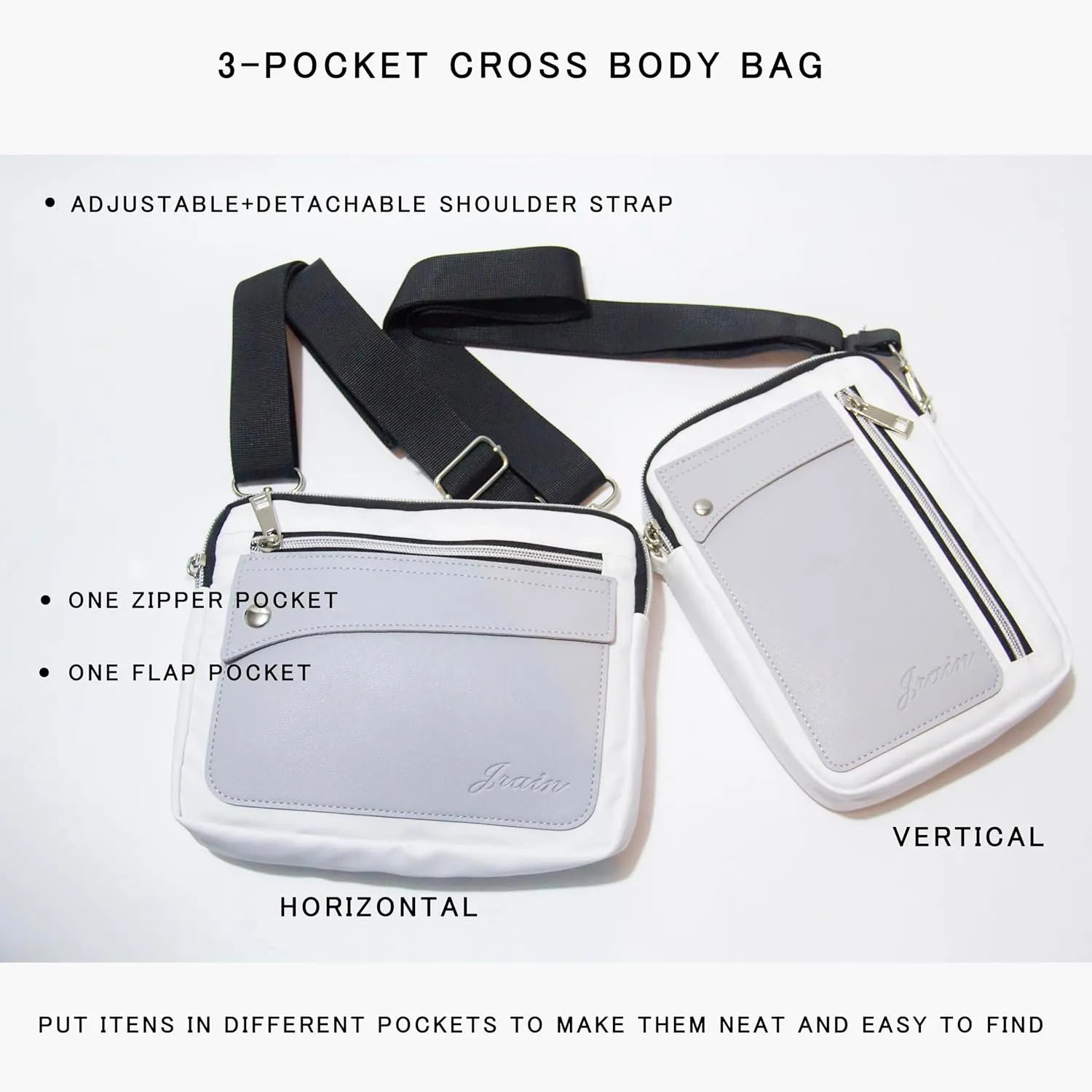 Jrain Crossbody Bag with Adjustable Strap,Contrast Color Design Nylon Water Resistant Satchel for Work Travel