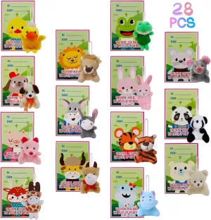 Juegoal 28 Pack Valentines Gift Cards for Kids with Animal Plush Toys, Stress Relief Toy Animal Keychain Set, Valentines Party Favor Classroom Gift Exchange Supplies Bulk Game Prizes