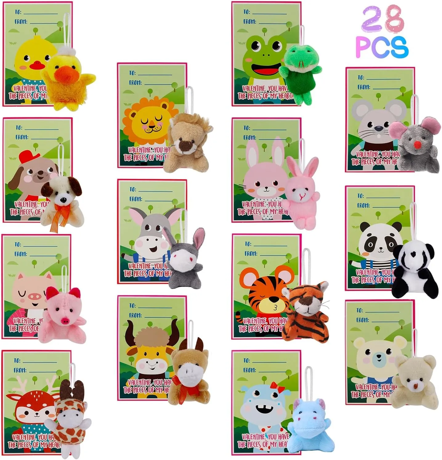 Juegoal 28 Pack Valentines Gift Cards for Kids with Animal Plush Toys, Stress Relief Toy Animal Keychain Set, Valentines Party Favor Classroom Gift Exchange Supplies Bulk Game Prizes