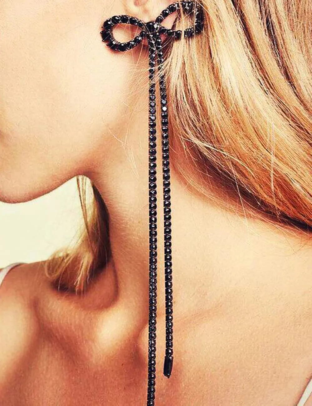 Jumwrit Rhinestone Bow Earrings Extra Long Dangle Earrings Sparkly Tassel Drop Earrings Big Bowknot Stud Earrings for Women (Black)