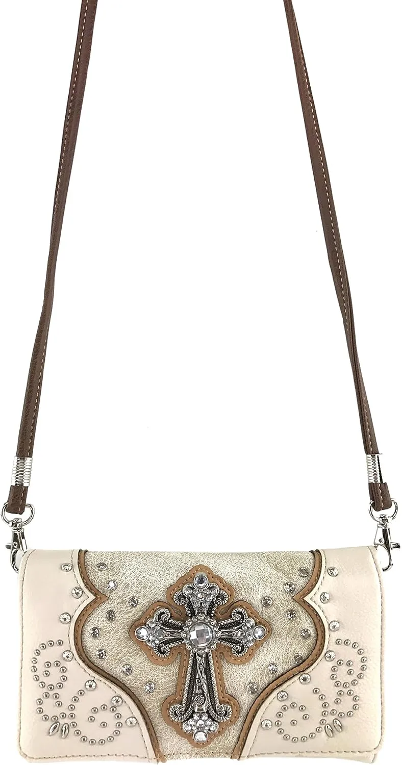 Justin West Floral Studs Laser Cut Western Rhinestone Cross Handbag Purse Conceal Carry